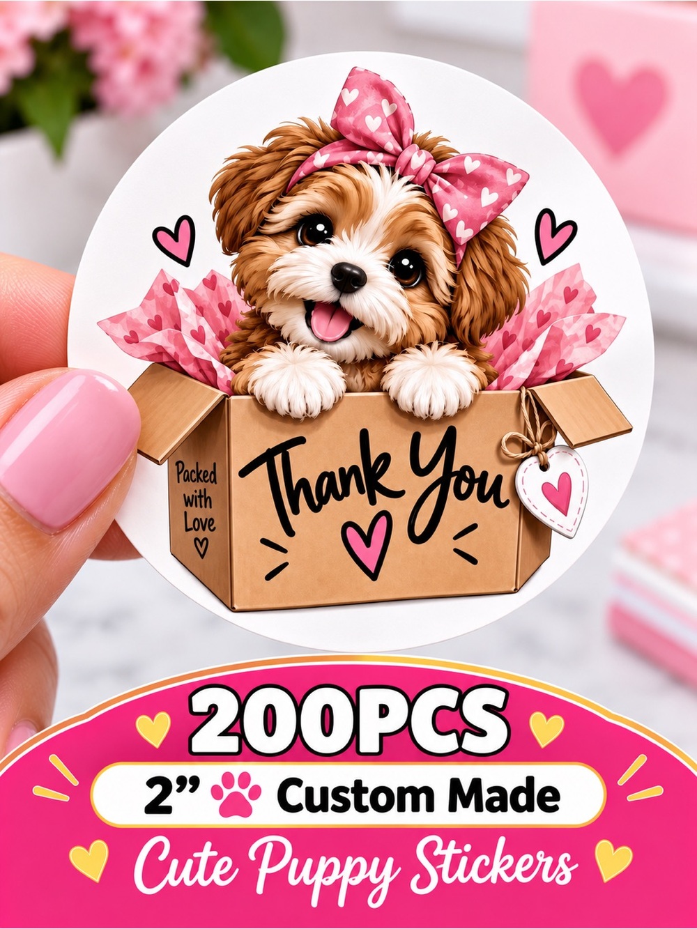 200PC Cute Puppy Thank You Stickers~ Custom Made
